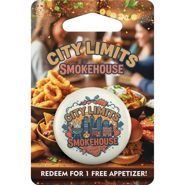 Button and packaging card are customized, printed in full color and... from ASI 54100 Fields Manufacturing Inc