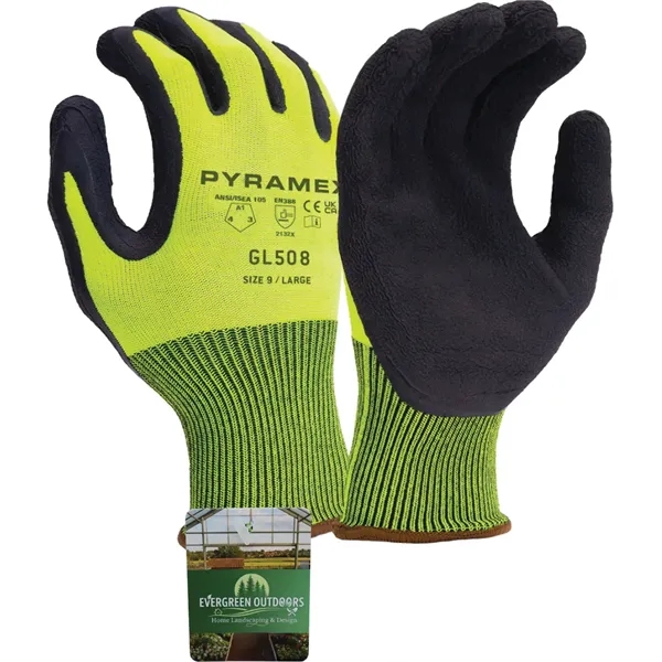 Gloves featuring foam latex dipped palms and hi-vis 15G nylon liner... from ASI 54100 Fields Manufacturing Inc