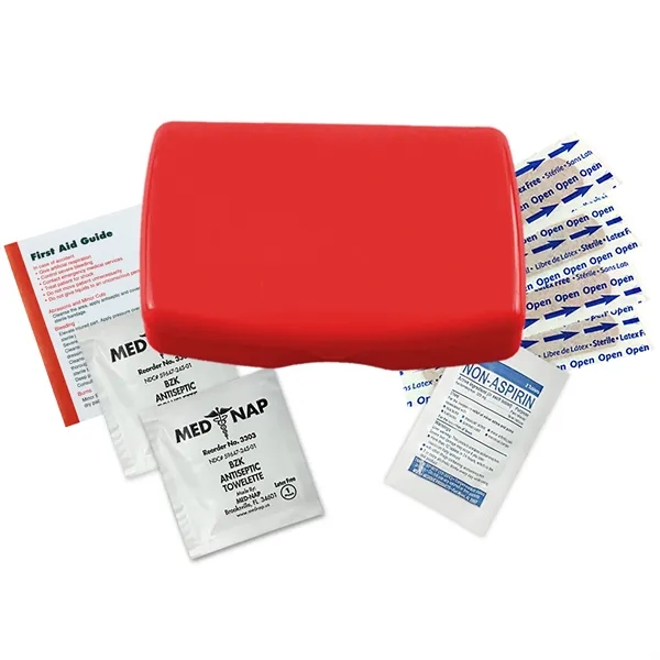 First aid kit in a durable living hinge box with non-aspirin... from ASI 40480 Koozie Group
