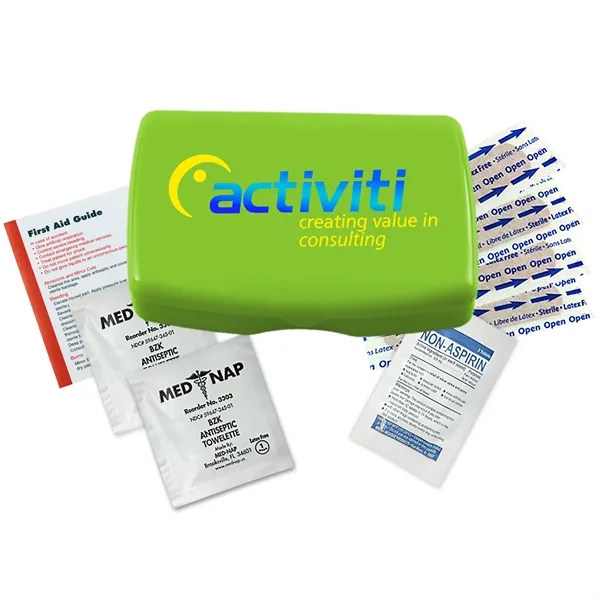 First aid kit in a durable living hinge box with non-aspirin... from ASI 40480 Koozie Group