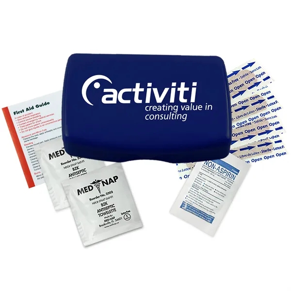 First aid kit in a durable living hinge box with non-aspirin... from ASI 40480 Koozie Group