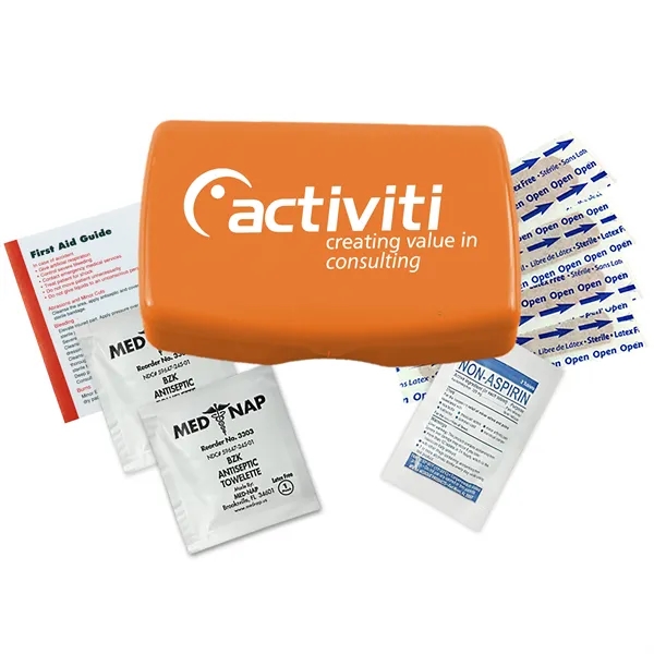 First aid kit in a durable living hinge box with non-aspirin... from ASI 40480 Koozie Group