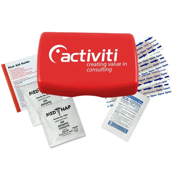 First aid kit in a durable living hinge box with non-aspirin... from ASI 40480 Koozie Group