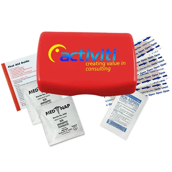 First aid kit in a durable living hinge box with non-aspirin... from ASI 40480 Koozie Group