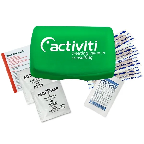 First aid kit in a durable living hinge box with non-aspirin... from ASI 40480 Koozie Group