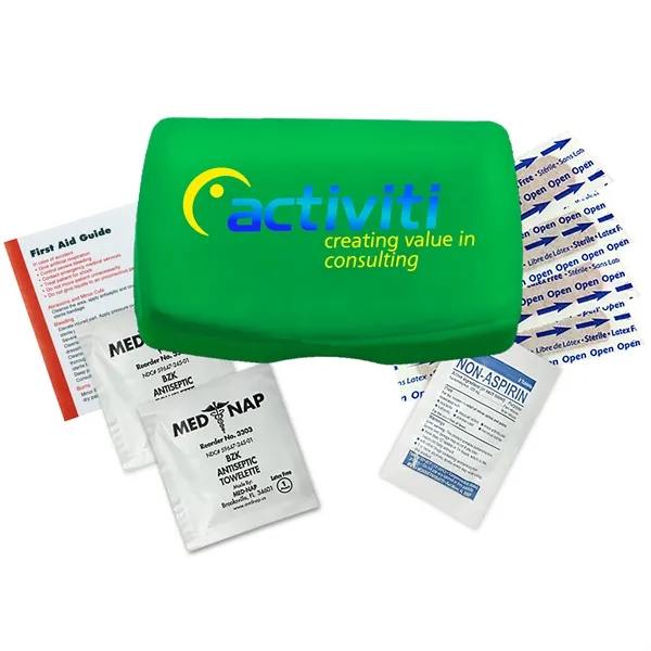 First aid kit in a durable living hinge box with non-aspirin... from ASI 40480 Koozie Group