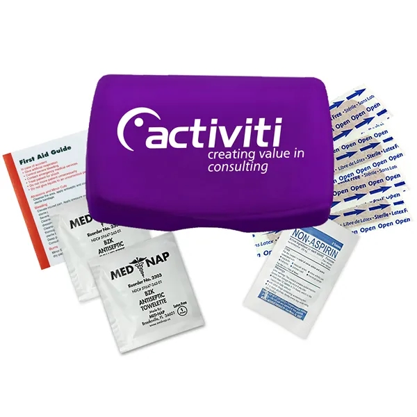 First aid kit in a durable living hinge box with non-aspirin... from ASI 40480 Koozie Group