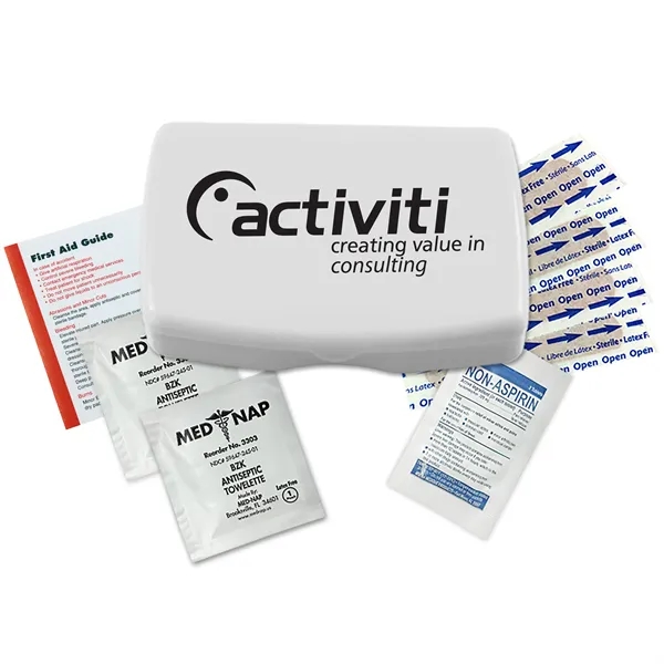 First aid kit in a durable living hinge box with non-aspirin... from ASI 40480 Koozie Group