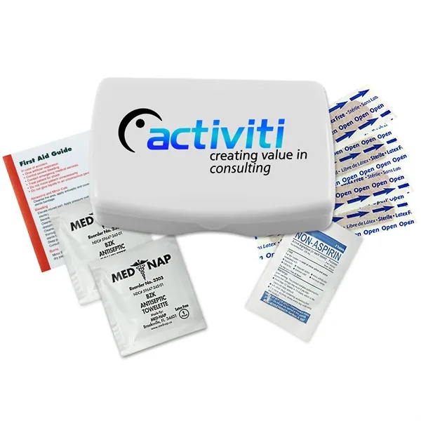 First aid kit in a durable living hinge box with non-aspirin... from ASI 40480 Koozie Group