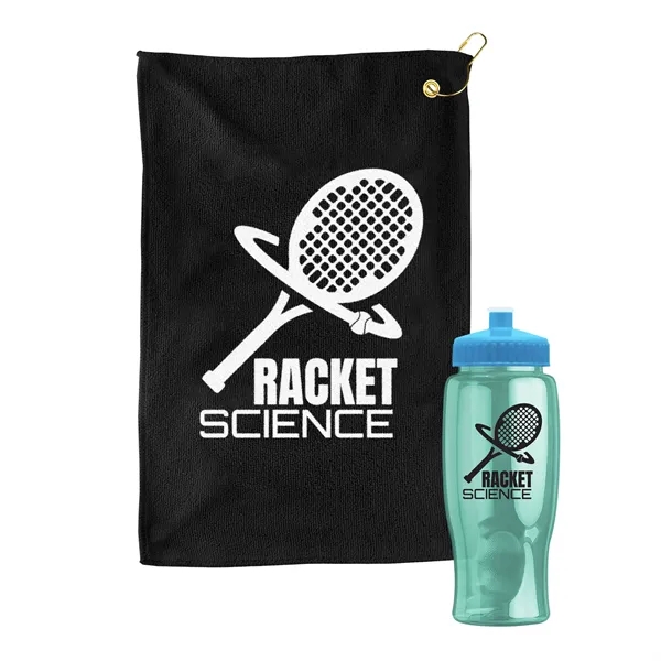 27 oz. Poly-pure transparent bottle with microfiber golf towel. Towel is... from ASI 40480 Koozie Group