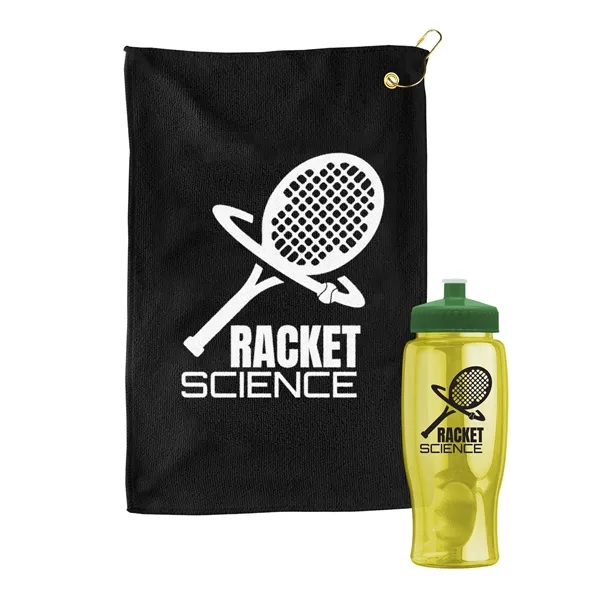 27 oz. Poly-pure transparent bottle with microfiber golf towel. Towel is... from ASI 40480 Koozie Group