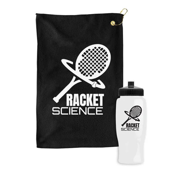 27 oz. Poly-pure transparent bottle with microfiber golf towel. Towel is... from ASI 40480 Koozie Group