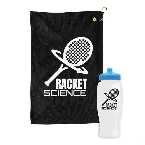 27 oz. Poly-pure transparent bottle with microfiber golf towel. Towel is... from ASI 40480 Koozie Group