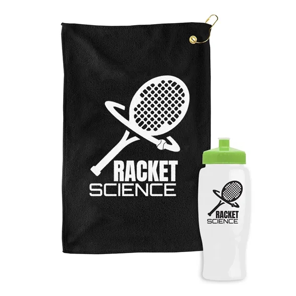 27 oz. Poly-pure transparent bottle with microfiber golf towel. Towel is... from ASI 40480 Koozie Group