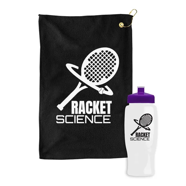 27 oz. Poly-pure transparent bottle with microfiber golf towel. Towel is... from ASI 40480 Koozie Group