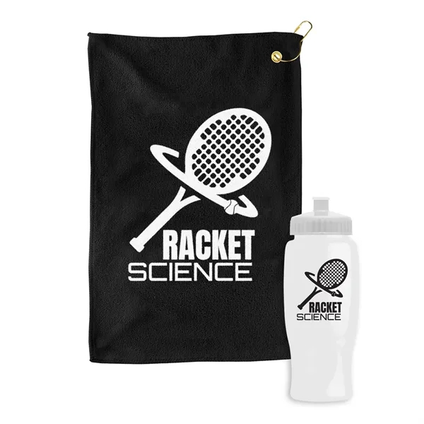 27 oz. Poly-pure transparent bottle with microfiber golf towel. Towel is... from ASI 40480 Koozie Group
