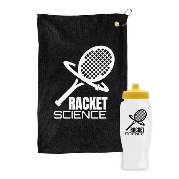 27 oz. Poly-pure transparent bottle with microfiber golf towel. Towel is... from ASI 40480 Koozie Group