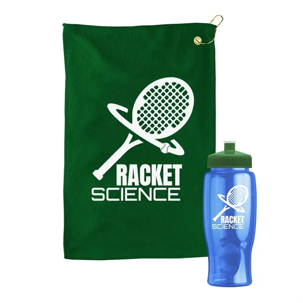 27 oz. Poly-pure transparent bottle with microfiber golf towel. Towel is... from ASI 40480 Koozie Group