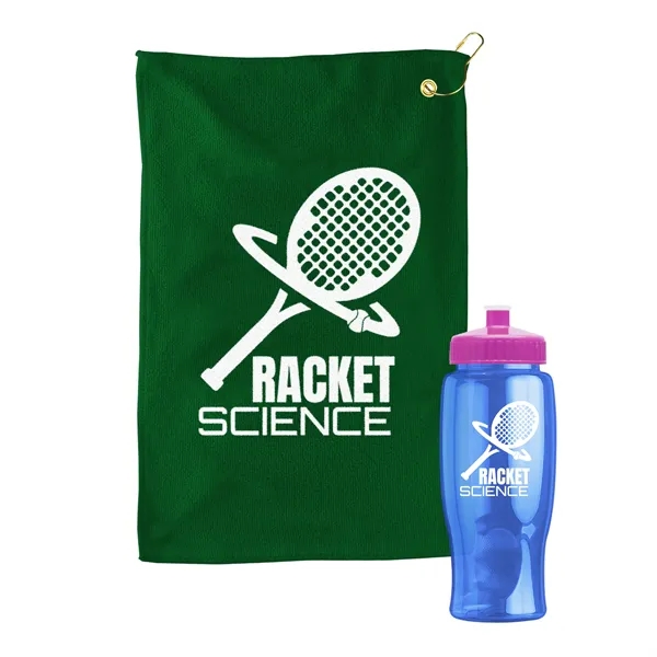 27 oz. Poly-pure transparent bottle with microfiber golf towel. Towel is... from ASI 40480 Koozie Group