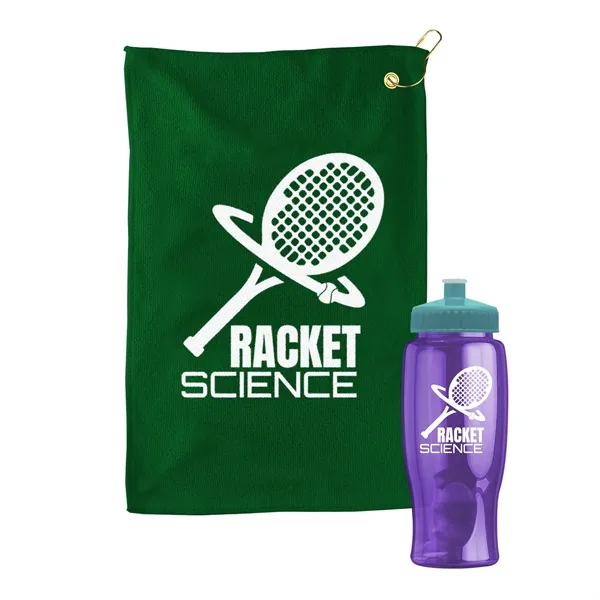 27 oz. Poly-pure transparent bottle with microfiber golf towel. Towel is... from ASI 40480 Koozie Group