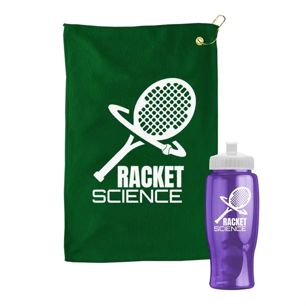 27 oz. Poly-pure transparent bottle with microfiber golf towel. Towel is... from ASI 40480 Koozie Group
