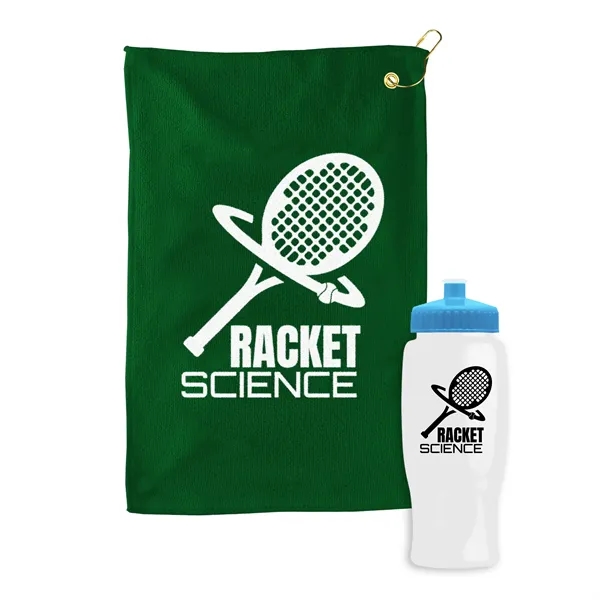 27 oz. Poly-pure transparent bottle with microfiber golf towel. Towel is... from ASI 40480 Koozie Group