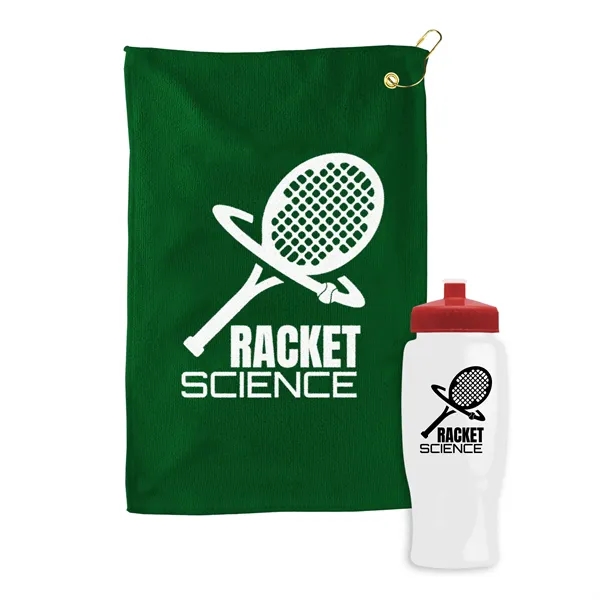 27 oz. Poly-pure transparent bottle with microfiber golf towel. Towel is... from ASI 40480 Koozie Group