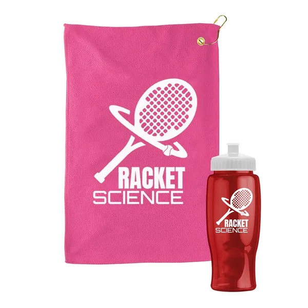 27 oz. Poly-pure transparent bottle with microfiber golf towel. Towel is... from ASI 40480 Koozie Group