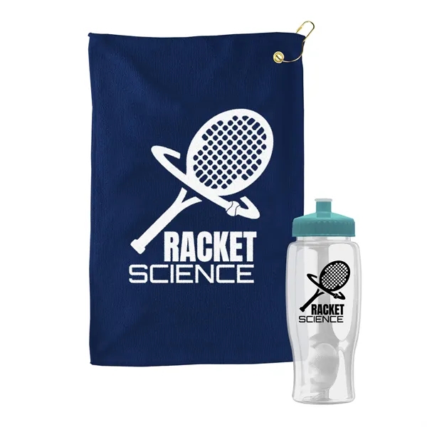 27 oz. Poly-pure transparent bottle with microfiber golf towel. Towel is... from ASI 40480 Koozie Group