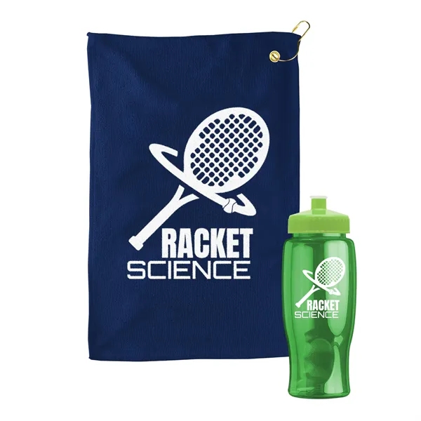 27 oz. Poly-pure transparent bottle with microfiber golf towel. Towel is... from ASI 40480 Koozie Group