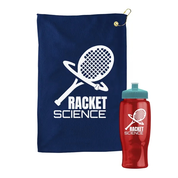 27 oz. Poly-pure transparent bottle with microfiber golf towel. Towel is... from ASI 40480 Koozie Group