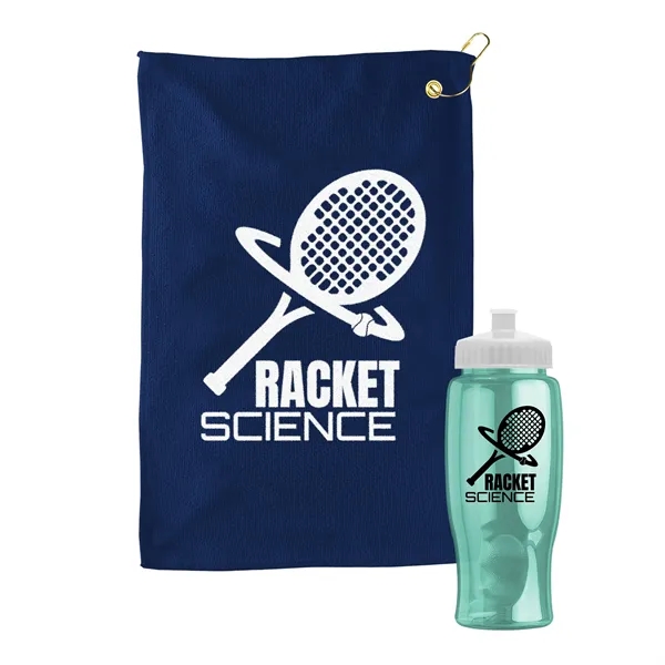 27 oz. Poly-pure transparent bottle with microfiber golf towel. Towel is... from ASI 40480 Koozie Group