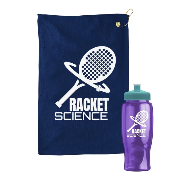 27 oz. Poly-pure transparent bottle with microfiber golf towel. Towel is... from ASI 40480 Koozie Group