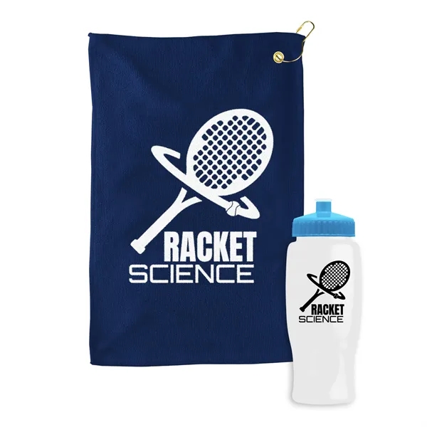 27 oz. Poly-pure transparent bottle with microfiber golf towel. Towel is... from ASI 40480 Koozie Group