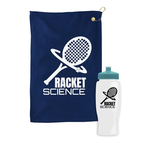 27 oz. Poly-pure transparent bottle with microfiber golf towel. Towel is... from ASI 40480 Koozie Group