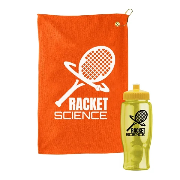 27 oz. Poly-pure transparent bottle with microfiber golf towel. Towel is... from ASI 40480 Koozie Group