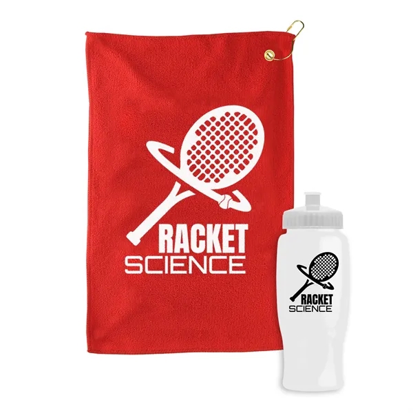 27 oz. Poly-pure transparent bottle with microfiber golf towel. Towel is... from ASI 40480 Koozie Group