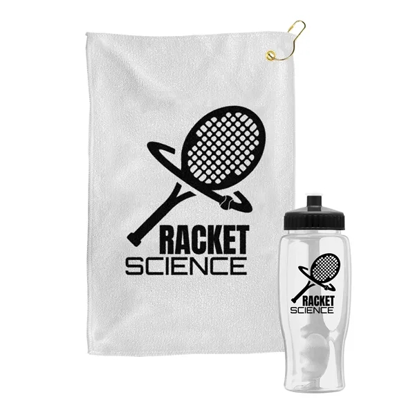 27 oz. Poly-pure transparent bottle with microfiber golf towel. Towel is... from ASI 40480 Koozie Group