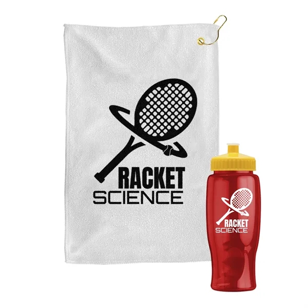 27 oz. Poly-pure transparent bottle with microfiber golf towel. Towel is... from ASI 40480 Koozie Group