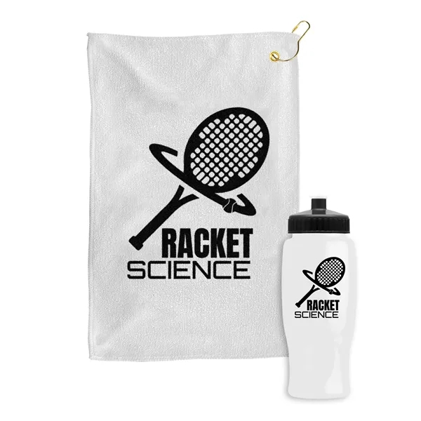 27 oz. Poly-pure transparent bottle with microfiber golf towel. Towel is... from ASI 40480 Koozie Group