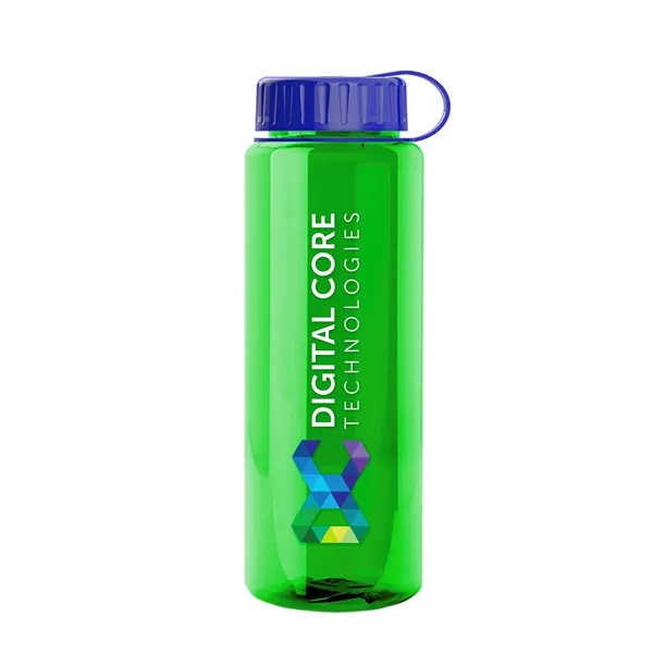 Transparent sports bottle, 32 oz. made of recycled PETE with tethered... from ASI 40480 Koozie Group