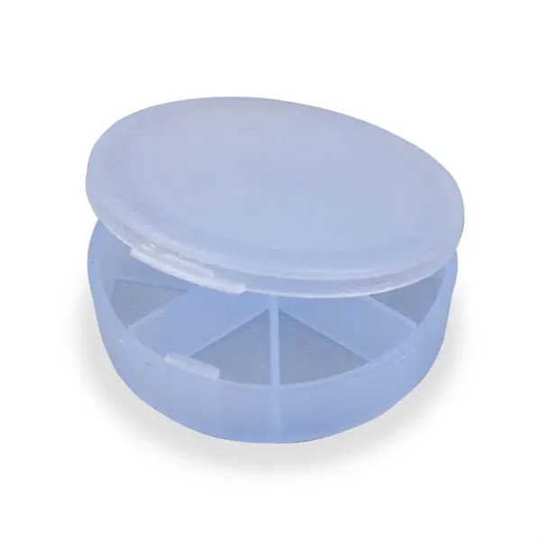 Seven-compartment round pill box allows for curved copy imprinting.... from ASI 38980 Bay State Specialty Co