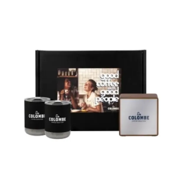 Gift set featuring two 15 oz stainless steel tumblers, Bluetooth speaker,... from ASI 88060 Snugz/USA Inc