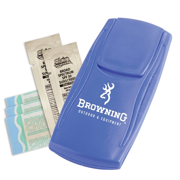 Outdoor first aid kit with bandages and sunscreen packets.... from ASI 52840 Evans Manufacturing
