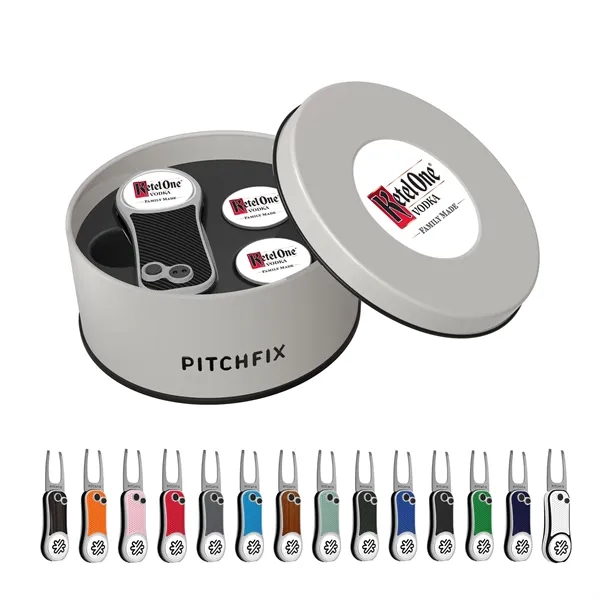 Pitchfix Hybrid Golf Divot Repair tool in deluxe round gift tin... from ASI 52263 EMT
