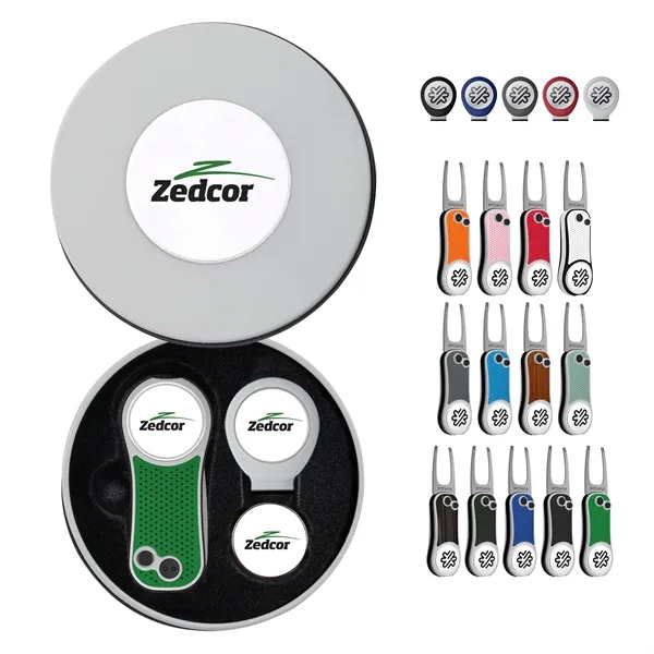 Pitchfix Hybrid Golf Divot Repair tool in deluxe round gift tin... from ASI 52263 EMT