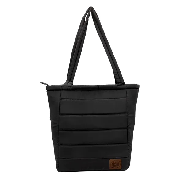 Otaria™ Puffy Recycled Tote Bag, Leather Patch - Laser Eng... from ASI 30270 Aakron Line
