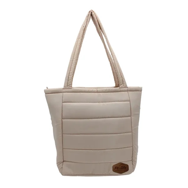 Otaria™ Puffy Recycled Tote Bag, Leather Patch - Laser Eng... from ASI 30270 Aakron Line