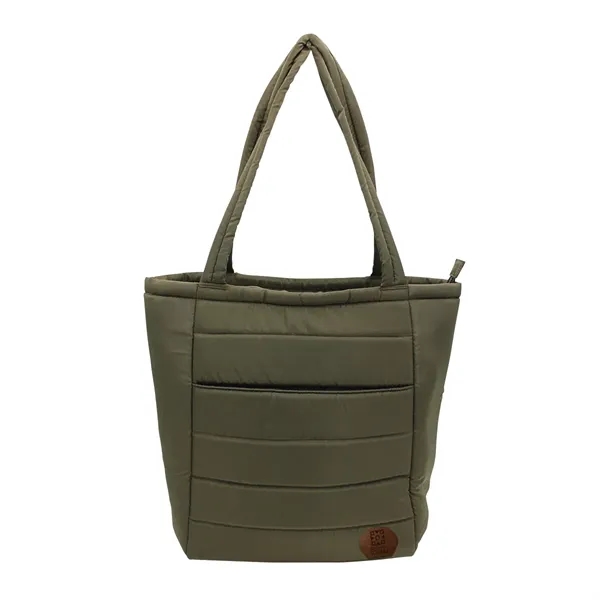 Otaria™ Puffy Recycled Tote Bag, Leather Patch - Laser Eng... from ASI 30270 Aakron Line