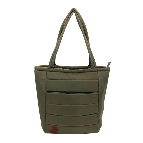 Otaria™ Puffy Recycled Tote Bag, Leather Patch - Laser Eng... from ASI 30270 Aakron Line